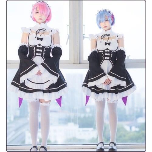 Re:Zero kara Hajimeru Isekai Seikatsu Rem/Ram Cosplay Costume Black & White Maid Dress Halloween Adult Costumes for Women S-XL