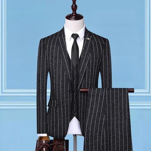 Groom suit, Korean version of slim suit, striped suit, wedding dress, bridesmaid casual suit, three-piece suit,(Coat+Pants+Vest)