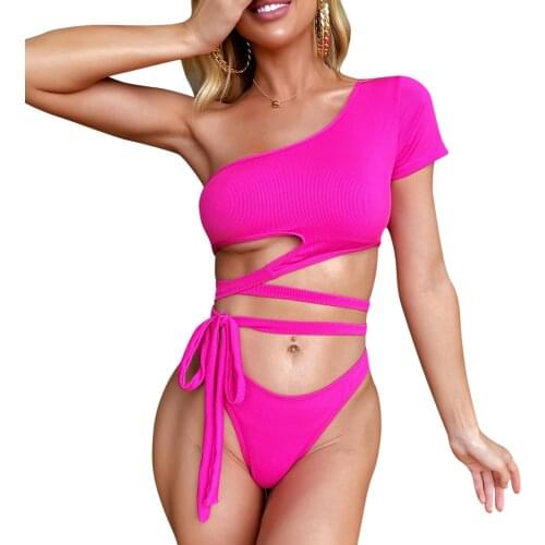 Sexy Womens Swimsuit Solid Color Leopard One Shoulder Bikini Set High Waist Lace Up Split Swimwear Summer Bathing Suit Biquini