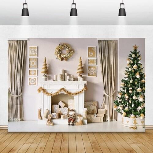 Laeacco Christmas Tree Photocall Fireplace Wreath Gifts Candles Room Decor Photography Backdrops Photography Backgrounds Props