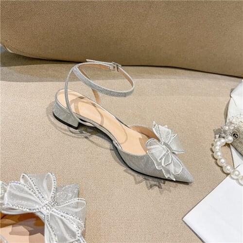 Summer new style low-heel pointed bow bow pointed rhinestone flat bridal wedding shoes banquet dress large size female sandals