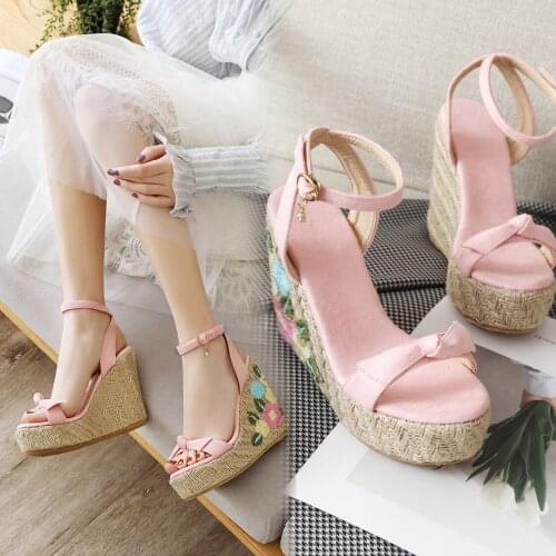 Summer Women Shoes 2021 Bohemian Sandals Women Wedge Pumps Cross-tied High Heels Platform Zapatos Mujer big size 30-46
