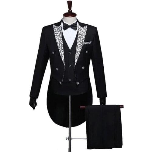 Men Fashion Tailcoats Slim Fit Tuxedos Pattern Peak Lapel Wedding Grooms Party Prom Stage Costumes Singers Skinny Suits