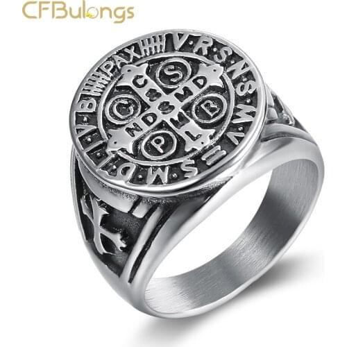CFBulongs Saint Benedict Cspb Signet Mens Ring Antique Silver Color Cross Amulet Creative Jewelry Party Gift