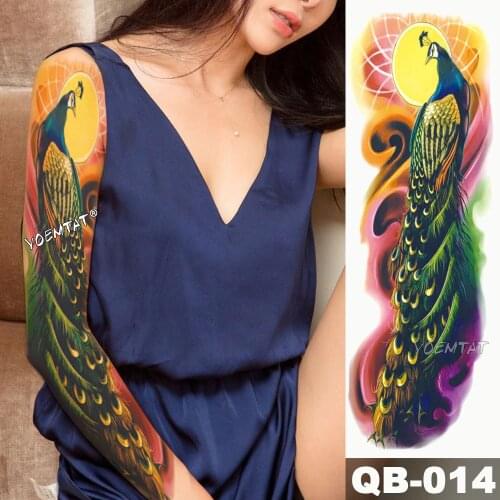 New 1 Piece Temporary Tattoo Sticker Colorful peacock sunrise Tattoo with Arm Body Art Big Sleeve Large Fake Tattoo Sticker