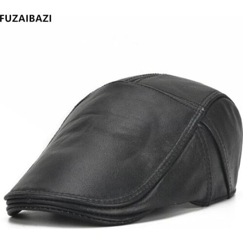FUZAIBAZI New Genuine Leather Hat For Men Autumn Winter Fashion Thermal Cowhide Berets Adjustable Size Leisure Tongue Cap