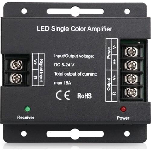 DC5-24V output 16A single channel amplifier, LED control signal repeater, PWM Dim Controller; For LED Single Color Strip Light