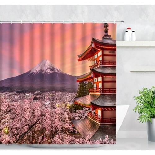 Autumn Scenery Shower Curtains Ancient Building Cherry Blossom Mount Fuji Japanese Style Waterproof Decor Bathroom Curtain Sets