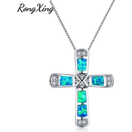 RongXing Vintage Silver Color Lucky Cross Pendants Zirconia Fashion Jewelry Blue/White Fire Opal Necklace For Women Gifts