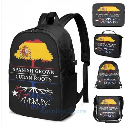 Funny Graphic print Spanish Grown with Cuban Roots USB Charge Backpack men School bags Women bag Travel laptop bag