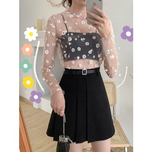 2020 New Korean Style Mesh Top Daisy Under Shirt Harajuku Aesthetic Cute Lace Flower T shirt Long Sleeve Mesh Top Dropshipping