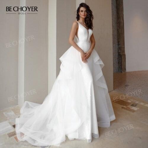 Stunning Detachable Train Wedding Dress Vintage V-neck Sleeveless Mermaid Bride Gown BECHOYER NR114 Princess Vestido De Noiva