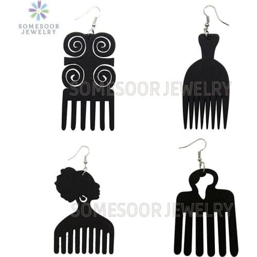 SOMESOOR 4 Styles Colorful African Comb Wooden Drop Earrings Engraved Afrocentric Ethnic Wood Dangle Jewelry For Women Gifts