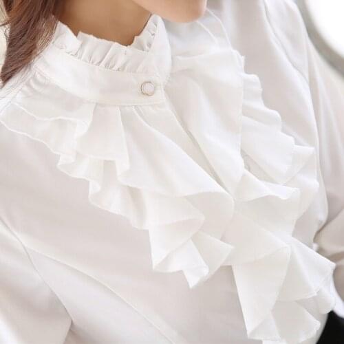 Cotton Ruffles Neck Women White Shirts Summer New 2021 Solid Office Lady Elegant Long-Sleeved Female Outwear Tops