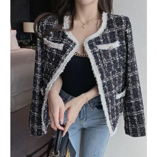 French Vintage Tweed Jacket Coat 2021 Autumn Winter Small Fragrance Woolen Short Coats Women Long Sleeve Casual Outwear Crop Top
