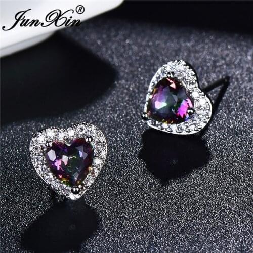JUNXIN Mystic Fire Birthstone Multicolor Heart Stud Earrings For Women White Gold Filled Purple Rainbow Zircon Earrings