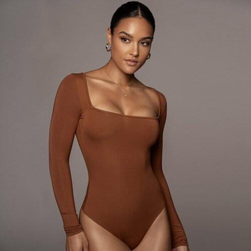 Sexy Square Collar Low-cut Bodysuit Thong Triangle Push Up Basic Bodycon Bodysuit Autumn Womens Long Sleeved T-shirt Party Club