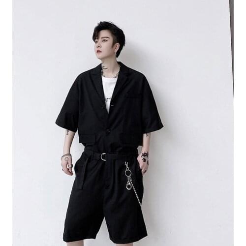 One piece suit hip hop summer work clothes short sleeve one suit one piece street style retro Japanese shorts for men and women