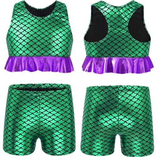 Kids Girls Mermaid Fish Scales Ballet Dancewear Tops Crop Top with Boy-cut Shorts for Gymnastics Dance Class Stage Performance