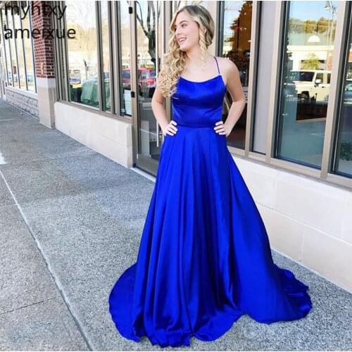 Event Long Royal Blue Prom Dress Esxy Spaghetti Straps Vestido De Fiesta Graduacion Crisscross Back Sweep Train Satin Gowns 2020
