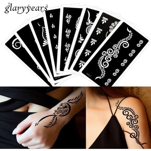 Glaryyears 8 Pieces/set 9.5*18.5cm Henna Tattoo Stencil for Body Painting Airbrush Glitter Drawing Template Hand Leg Art S200#37