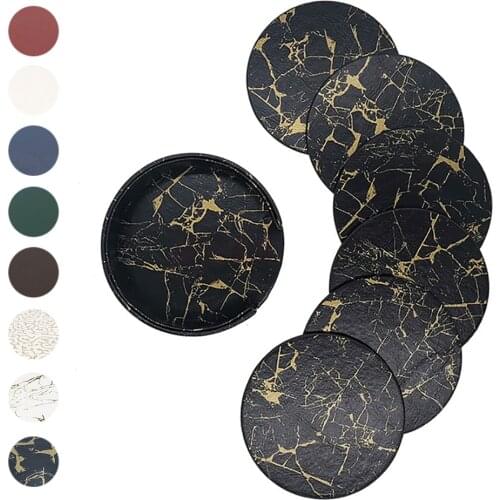 PU 6PCS Hot Sale Leather Marble Coaster Drink Coffee Cup Mat Easy to Clean Placemats Round Tea Pad Table Pad Holder