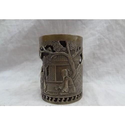 Song voge gem S2767 Chinese Bronze Old Literator Man and Kid Tree Statue Pencil Vase Brush Barrel