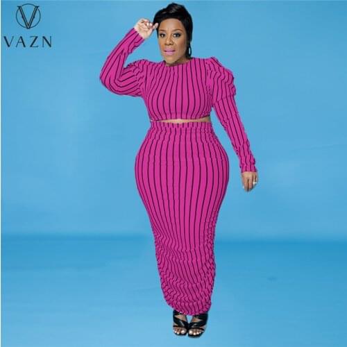 VAZN 2021 Autumn High-end Plus Size Striped Dress Set Solid Sweet Full Sleeve Top Maxi Skirts High Waist Slim Women 2 Piece Set