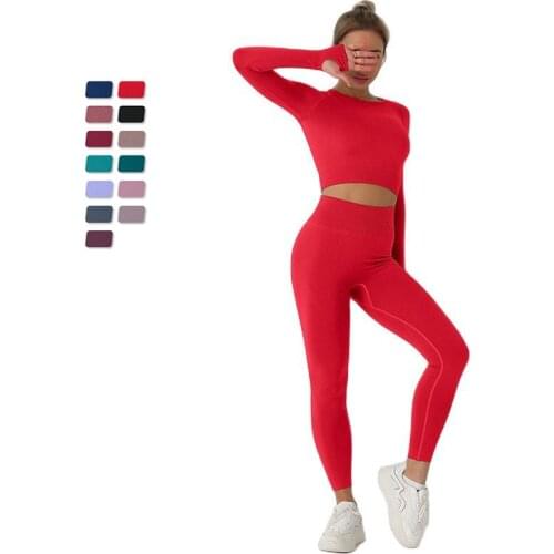 Red 2 Piece Yoga Sets Women Gym Clothes Workout Wear Seamless Tights Set Sport Long Sleeve Thumb Hole Yoga Top Pants Suit Black