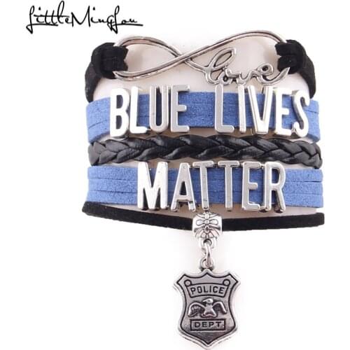 Little Minglou Infinity Love blue lives matter bracelet police charm Awareness leather men bracelets & bangles for women jewelry