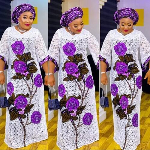 MD White Lace Dresses For Women 2021 African Embroidery Floral Boubou Muslim Hijab Abayas Ankara Kaftan Turban Robe Africaine