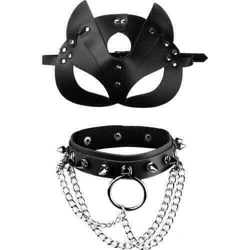 Mens Erotic Cosplay Costume Accessories Sexy Restraints Slave Neck Choker with Eye Face Mask Outfit Clubwear Homme Role Play Set