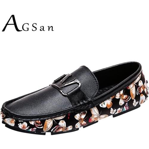 AGSan Men Casual Natural Leather Loafers Designer Shoes Print Driving Shoes Mens Loafers Moccasins Big Size 38-48 Fashion Flats