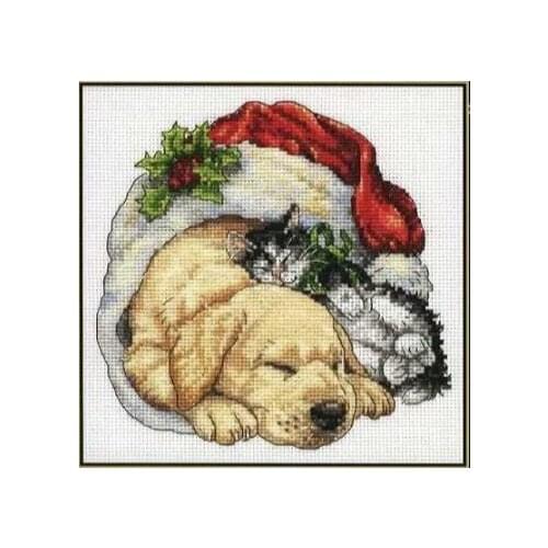 Gold Colletcion Cute Counted Cross Stitch Kit Christmas Morning Pets Dog Puppy Doggy and Cat Kitty Kitten dim 026 26 26x