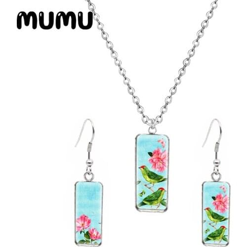2020 New Bird with Butterfly Rectangular Earring Necklace Set Art Photo Glass Cabochon Jewelry Sets Fish Hook Earrings