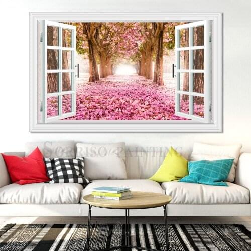 Pink Violet Flowers Boulevard Pretend Window 3D Wall Design Art Canvas Painting Posters Pictures Prints Home Living Room Decor
