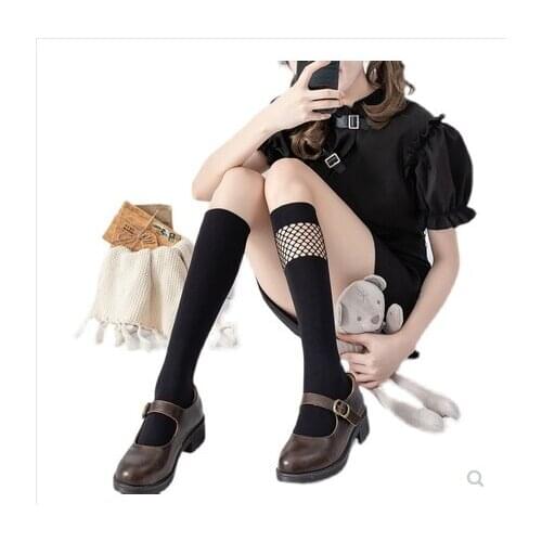 Gothic Retro COOL Girl JK Mid-Tube Socks Female Dark Bkack Lolita Girl Leg Ring Japanese Harajuku Splicing Mesh Knee-High Stocki