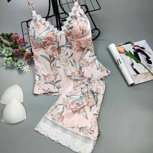 Spring New Women Pyjamas Set Floral Female Sexy V-Neck 2Piece Set of Thin Lace Silk Stain Comfort Soft Nnightwear With BreastPad