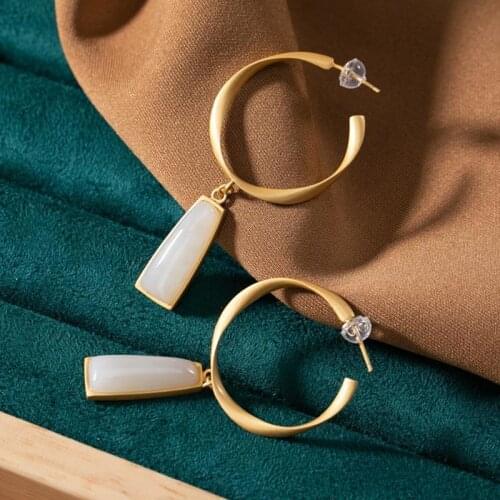 Original S925 Sterling Silver Gilding Hetian Jade White Jade Fashion Dignified Goddess Matching Womens LongStudEardropsEarrings