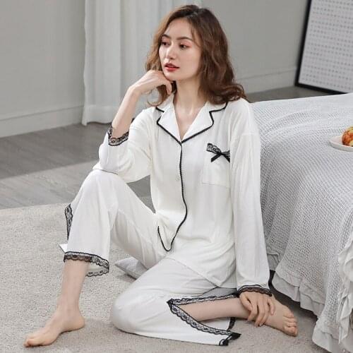 Spring Modal Pajama Sets Women Lace Stitching 2 Pieces Long Sleeve Long Pants Elastic Waist Pyjamas Women Pijamas пижама женская