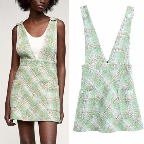 KUMSVAG Women Summer Plaid ZA Mini Tank Dress 2021 Sleeveless Deep V-Neck Sweet Female Fashion Street Dresses Clothing BB1491