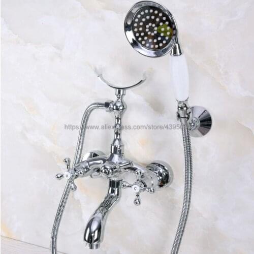 Polished Chrome Wall Mount Bathtub Faucet Dual Handles with Handshower Bathroom Tub Mixer Taps Bna232
