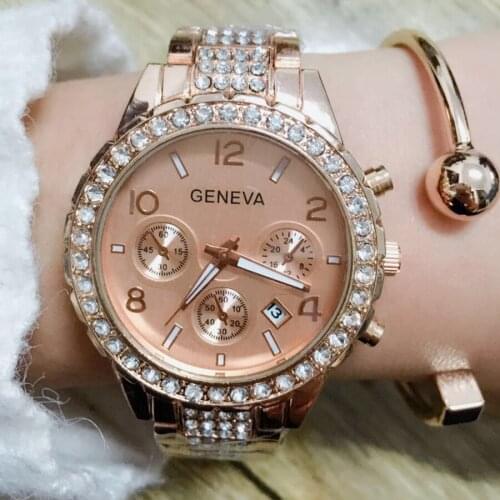 Luxury Geneva Brand Rose Gold Crystal Quartz Watch Women three eyes Stainless Steel Calendar Dress Watches Relogio Feminino