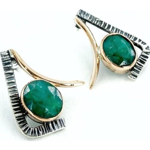 Authentic Hand Production Natural Emerald Gemstone 925 Silver Design Earrings