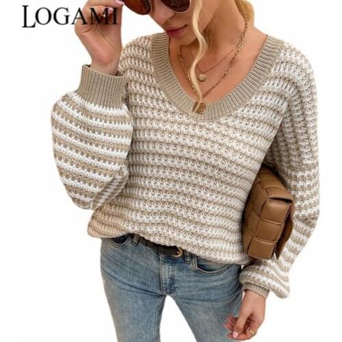 LOGAMI V-neck Sweater Women Lantern Sleeve Pullover Autumn Winter Striped Sweater New 2021