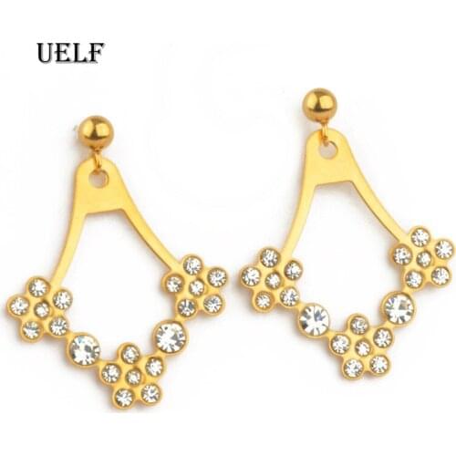Uelf New Fashion Golden Plated Dangle Hanging White Rhinestone Flower Drop Earrings For Women Jewelry brincos bijoux