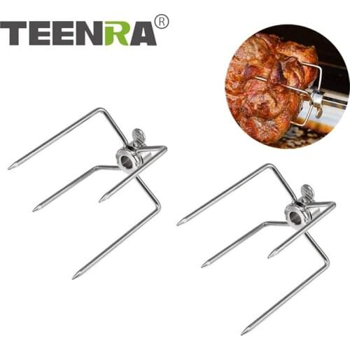 TEENRA 2Pcs Stainless Steel Rotisserie Meat Forks Barbecue Fork Outdoor Chicken Fish Meat Barbecue Fork Camping BBQ Tools