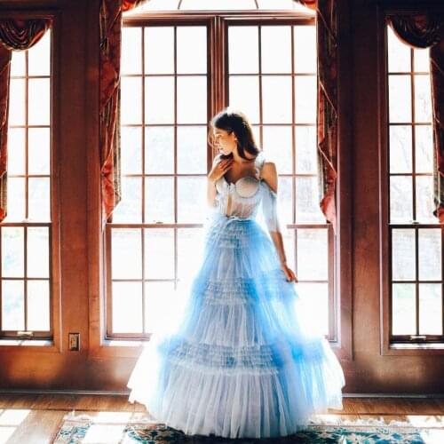 High Quality Sky Blue Girly Dress Tulle Ruffles Layered Princess Dress Floor Length Halter Straps Sweetheart Dresses Photography