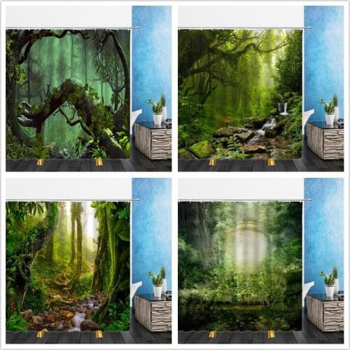 Forest Scenery Shower Curtains Summer Green Plants Natural Landscape 3D Bathroom Home Decor Waterproof Polyester Cloth Curtain