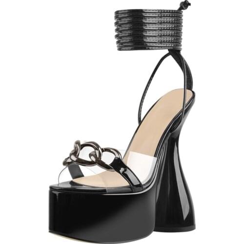 Richealnana Summer Platform Lace Up Sandals Women Patent Leather Black Metal Chain Spike High Heels Ankle Strap PVC Big Size